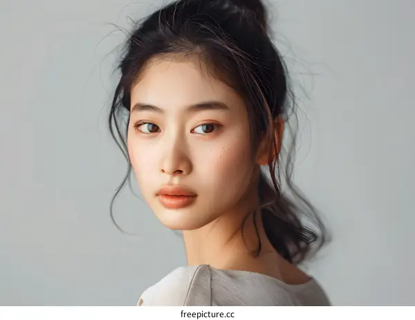 Portrait of a Young Asian Woman with Freckles