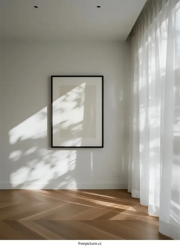 Sunlight Casting Shadow Through Sheer Curtain on White Wall