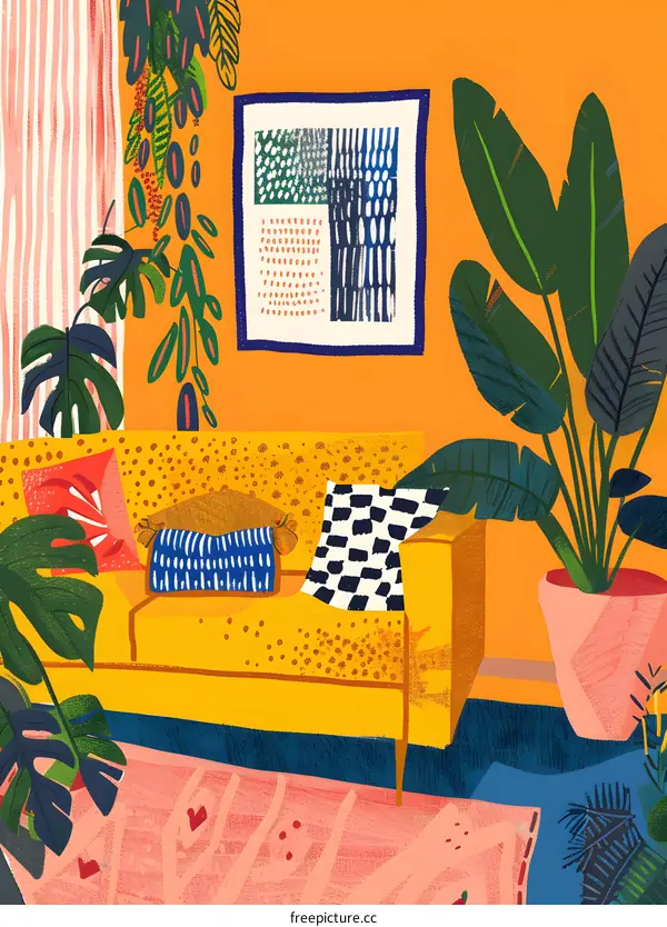 Abstract Illustration Of Living Room With Yellow Sofa And Plants