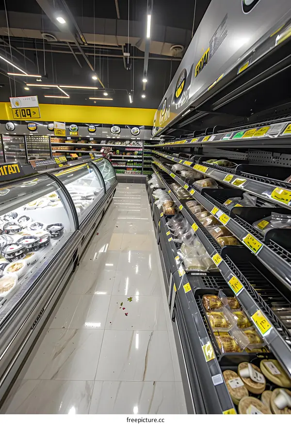Empty Supermarket Shelves with Refrigerated Display Case