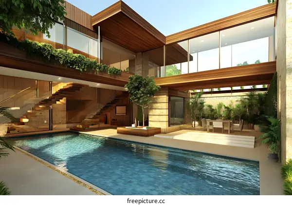 Modern Wooden House With Swimming Pool And Garden