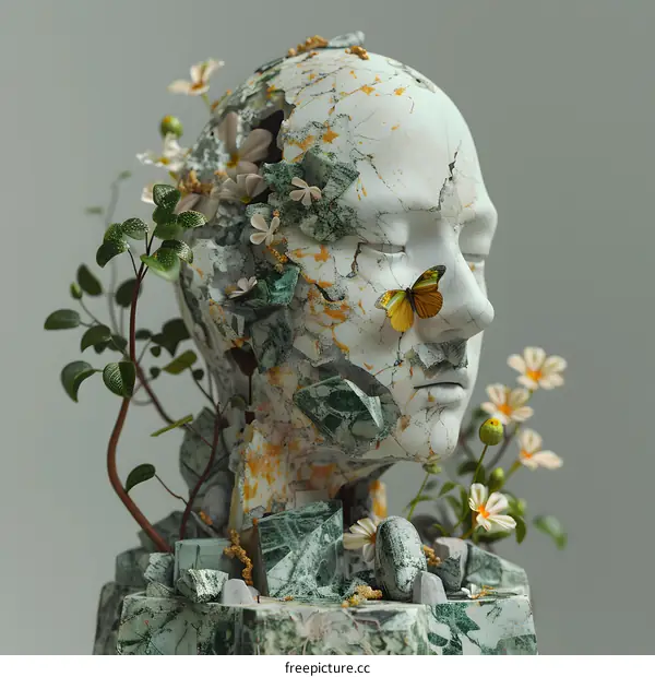 Marble statue head with flowers and butterfly