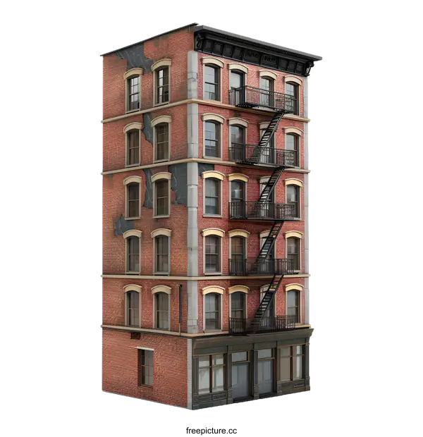 [Transparent Background PNG]Old Brick Building 3D Model With Fire Escape