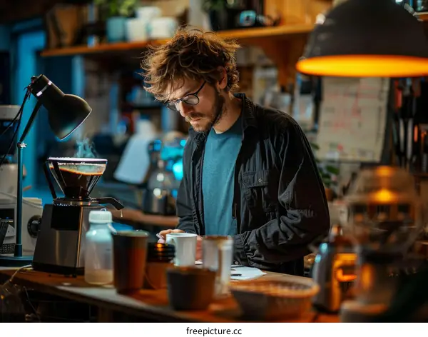 Focused young male barista making coffee in a coffee shop