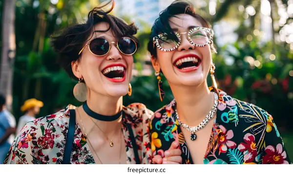 Two Happy Women in Sunglasses and Floral Shirts Laughing Together