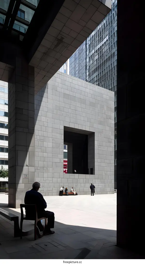 Modern Architecture with Stone Walls and a Man Sitting on a Bench