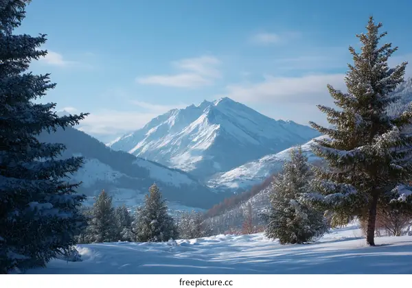 Snowy Mountain Scenery with Pine Trees