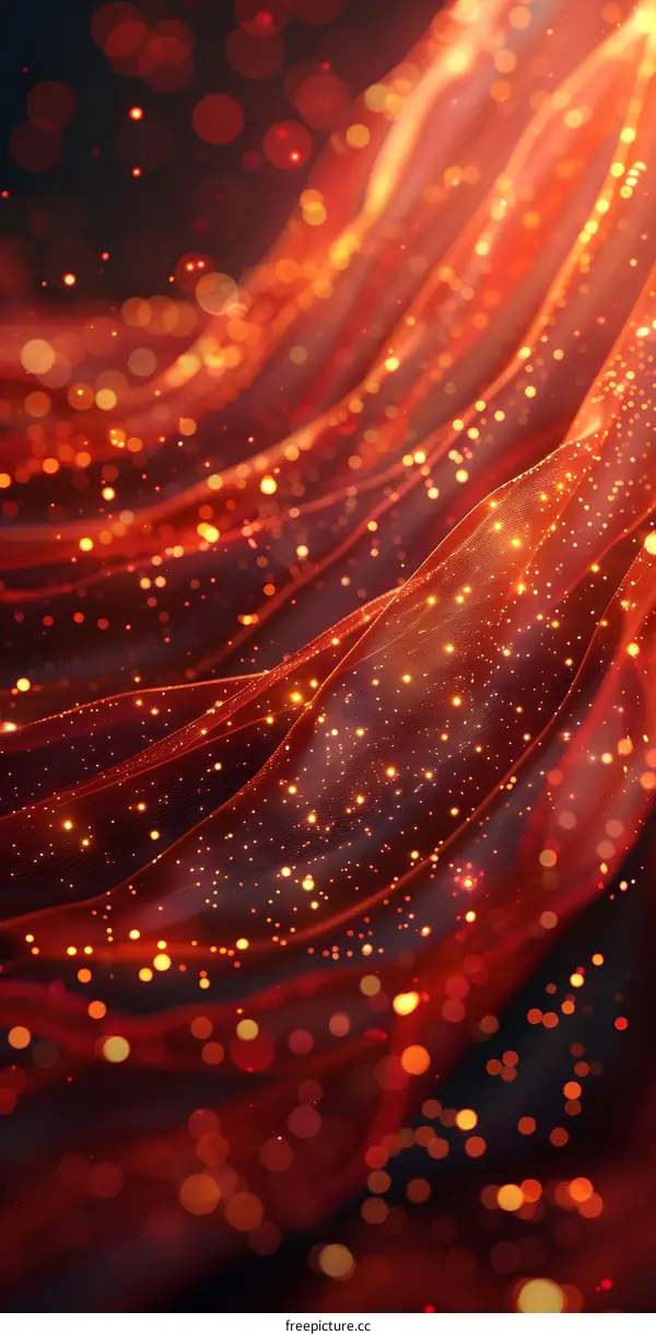 Golden glitter particles flowing on red silk