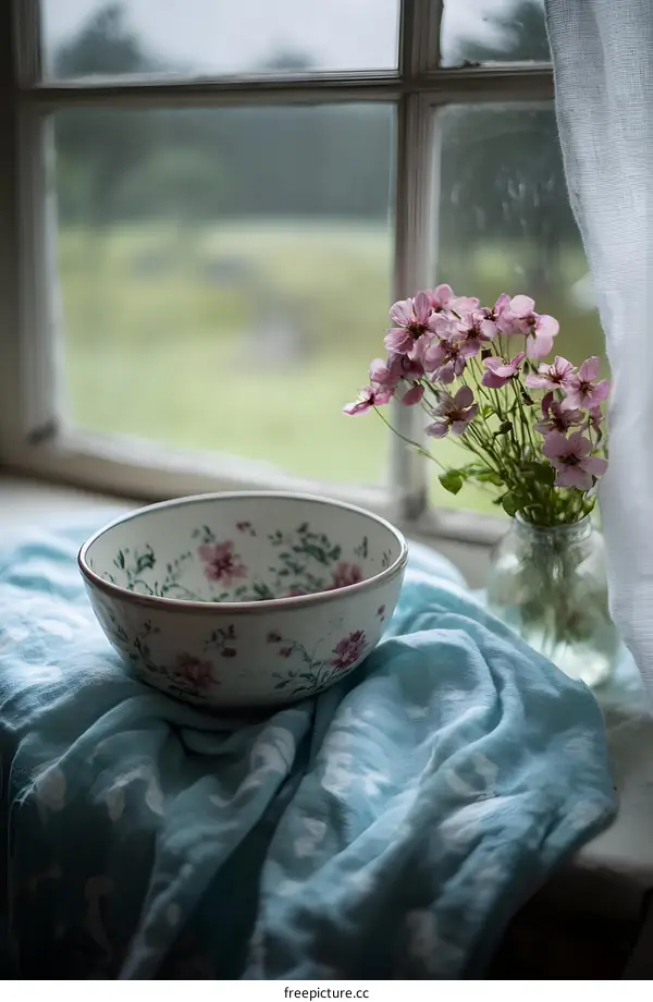 Floral Patterned Bowl On A Blue Cloth With Flowers In The Background