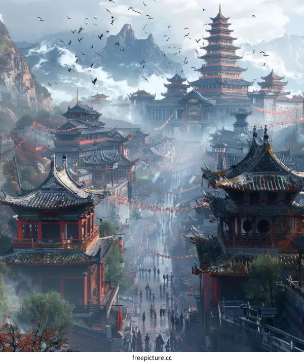 Ancient Chinese Cityscape Illustration with Foggy Atmosphere