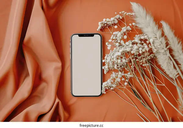 Flatlay with Smartphone, Dried Flowers, and Orange Silk Fabric