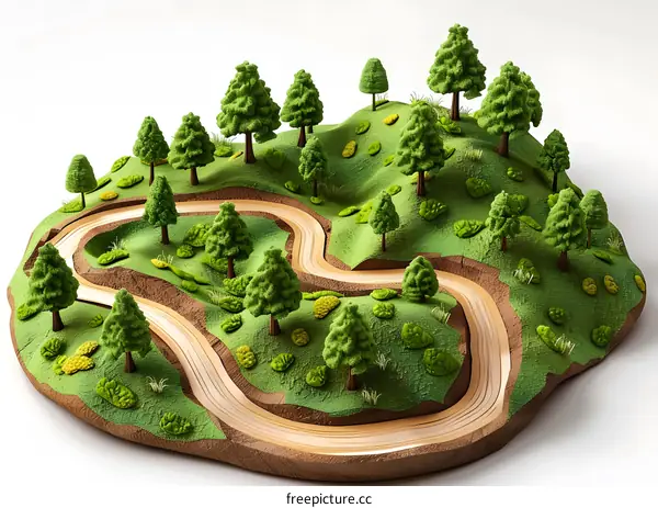 A wooden toy train set with green trees and hills