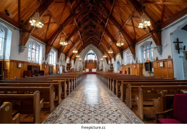 Grand Wooden Church Interior with Rows of Empty Seats