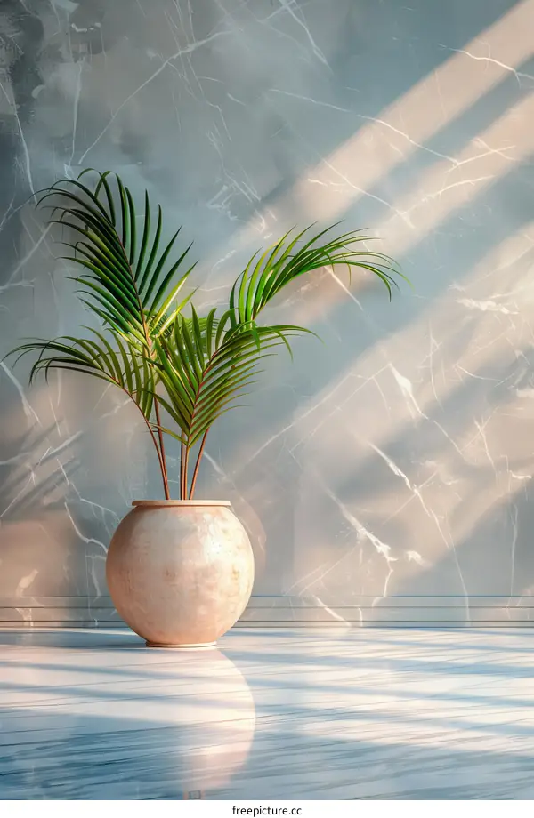 Potted plant in front of marble wall with sunlight and shadows
