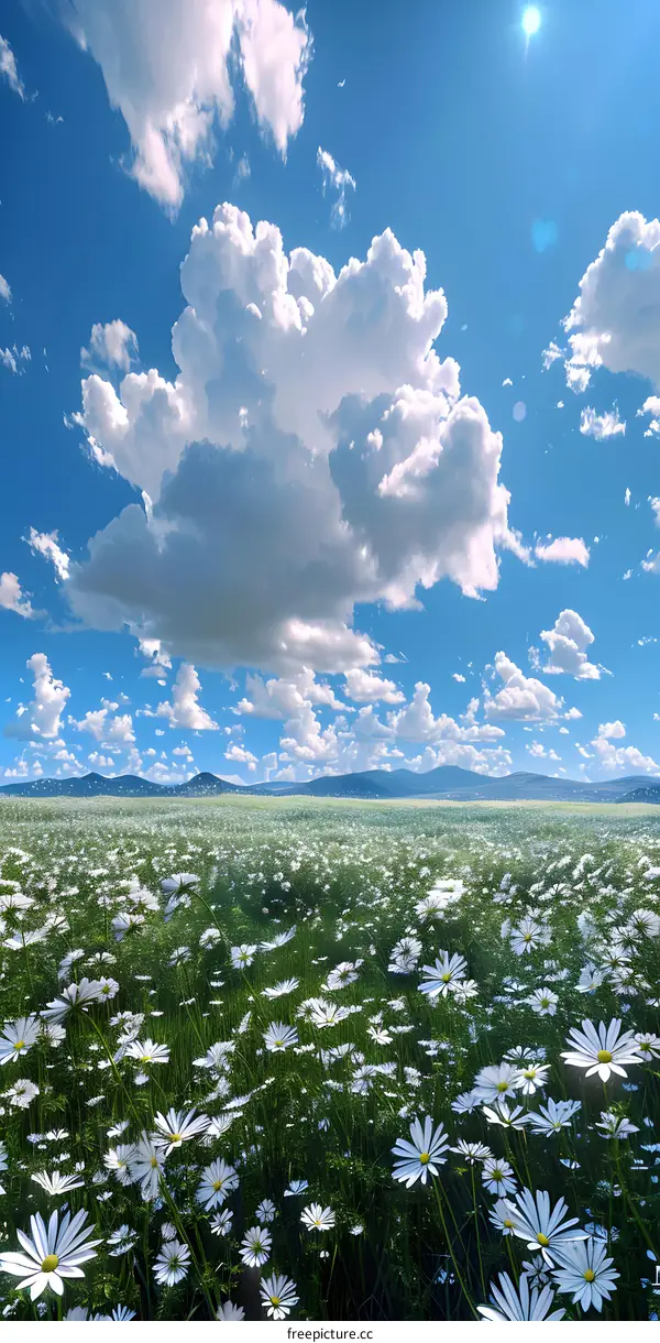 A field of white daisies in bloom at the foot of a mountain