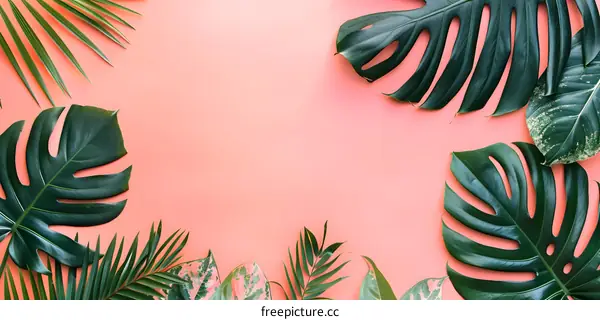 Tropical Leaves Flat Lay On Pink Background
