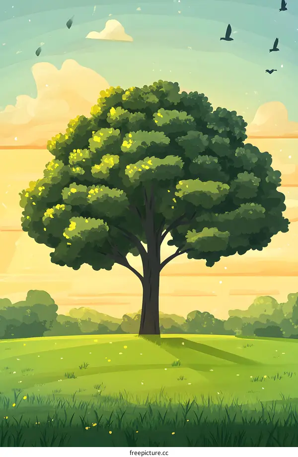 Green Tree in Meadow Under the Blue Sky