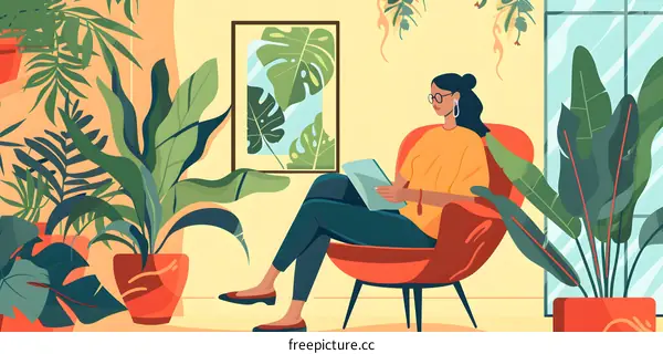 Woman Reading a Book in a Room with Plants