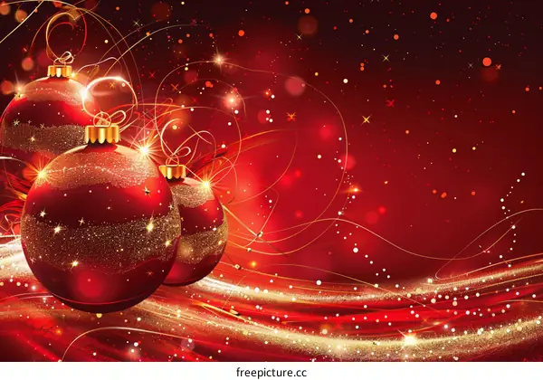 Red and gold Christmas ornaments on a red background