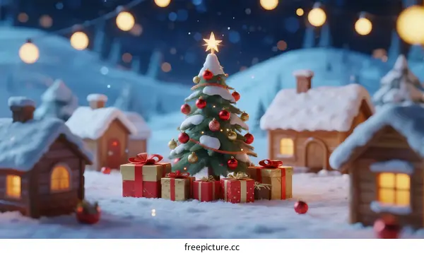 A Festive Winter Scene with a Decorated Christmas Tree and Snowy Houses