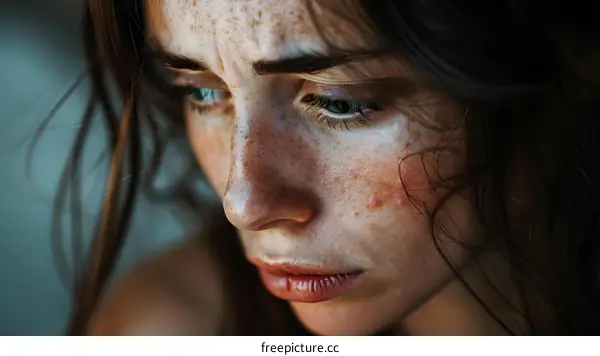portrait of a sad young woman with freckles on her face