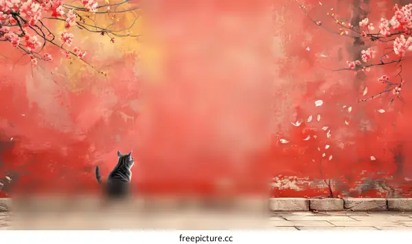 A Solitary Cat Sits in Front of a Red Wall