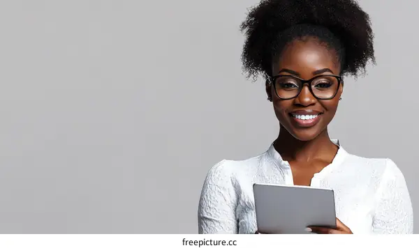 African Woman Smiling with Tablet