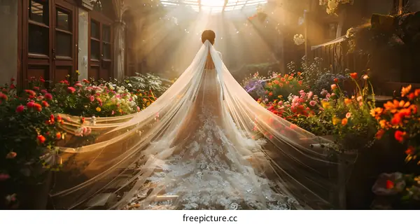 The bride is dragging a long veil in a garden full of blooming flowers