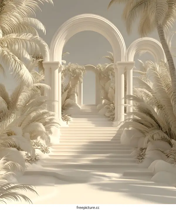 White Archway and Palm Trees Minimalist 3D Illustration