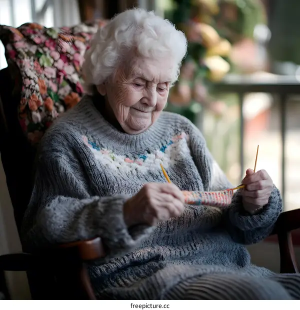 Elderly Woman Knitting in Rocking Chair