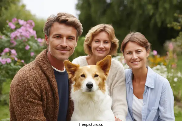 Three People with a Dog in a Garden