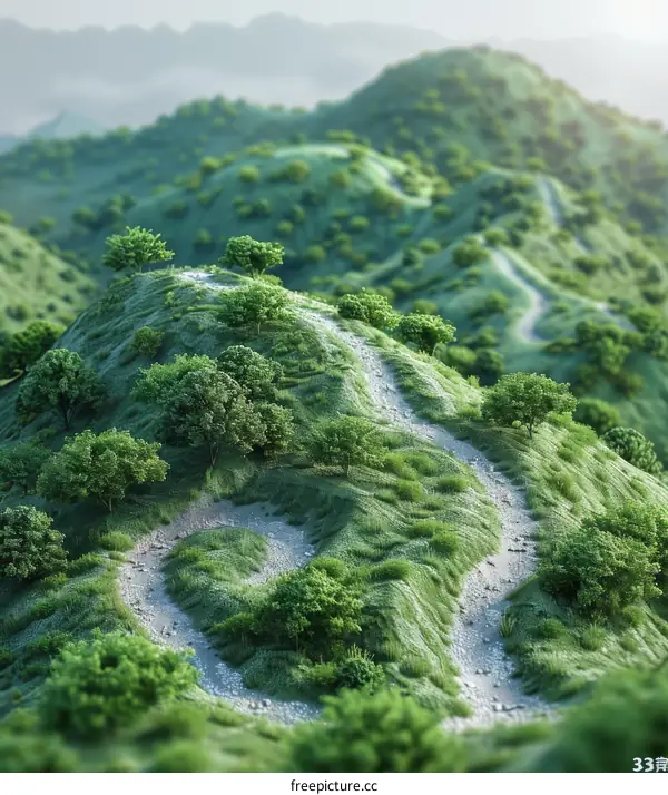 A winding path through lush green hills