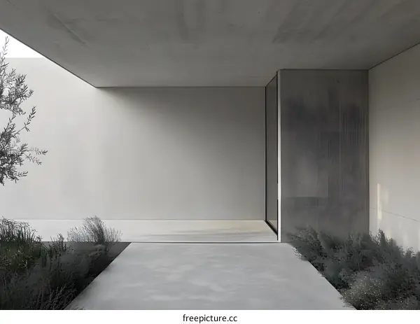 Minimalist Modern Concrete House Entrance With Greenery