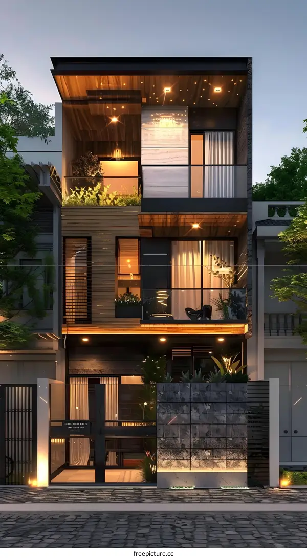 Modern Minimalist House Design With Wooden Panels And Stone Walls