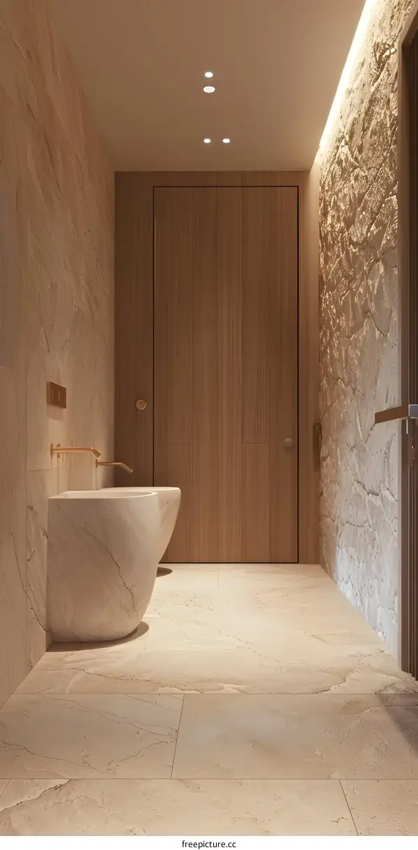 Modern Bathroom Design with Stone Wall and Wooden Door