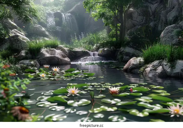 Waterfall Plunging Through Dense Forest