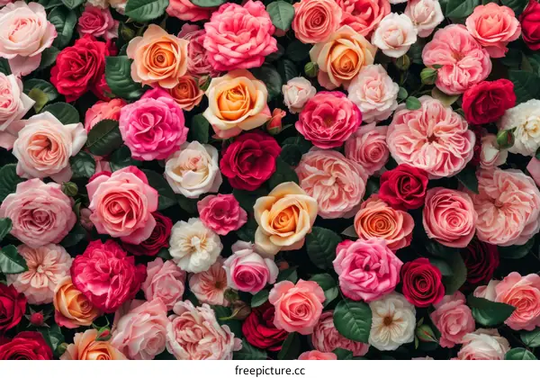 A beautiful assortment of colorful roses of various shades of pink, red, orange, and yellow with green foliage