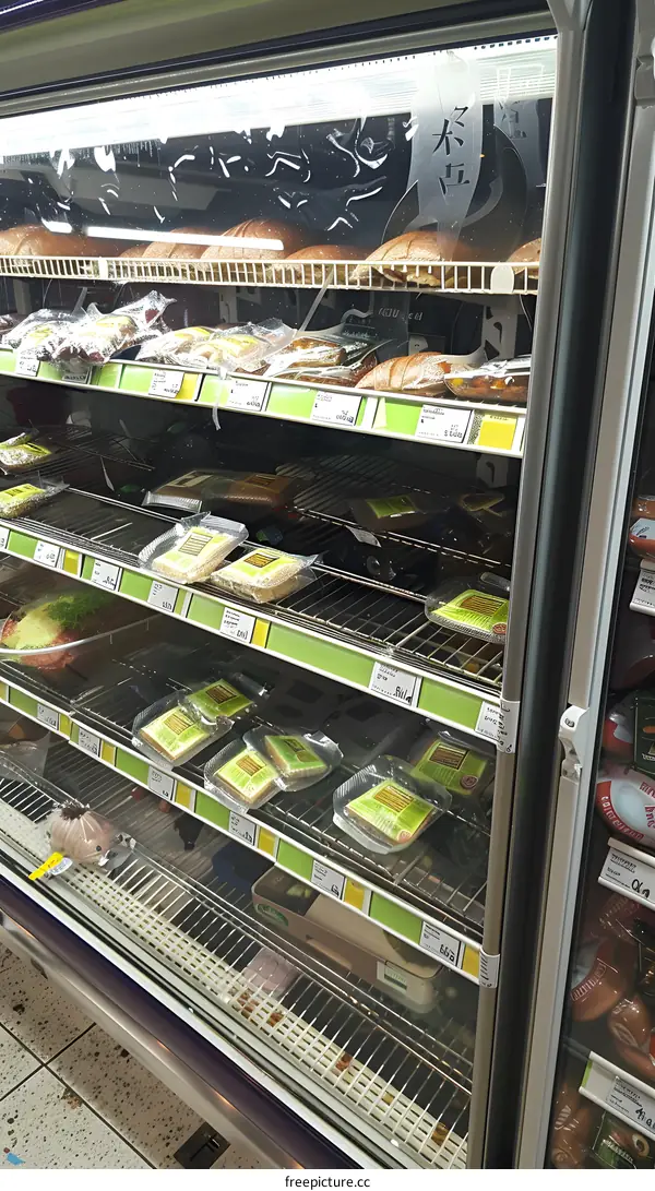 Refrigerated Display Case Of Meat Products In A Grocery Store