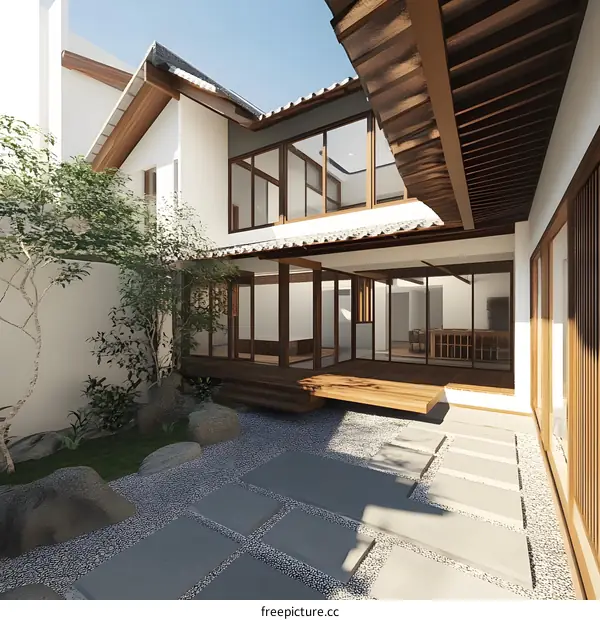 Modern Japanese Style House with Wooden Deck and Gravel Garden