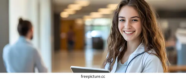 Smiling Female Doctor Holding Tablet In Hospital Hallway