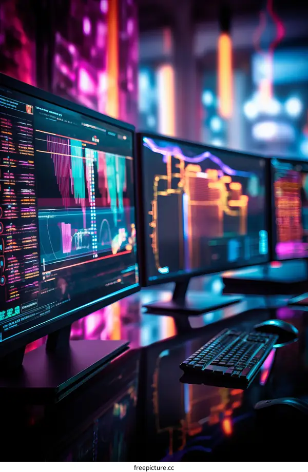 Three Computer Monitors Displaying Graphs and Data with City Night Lights Background