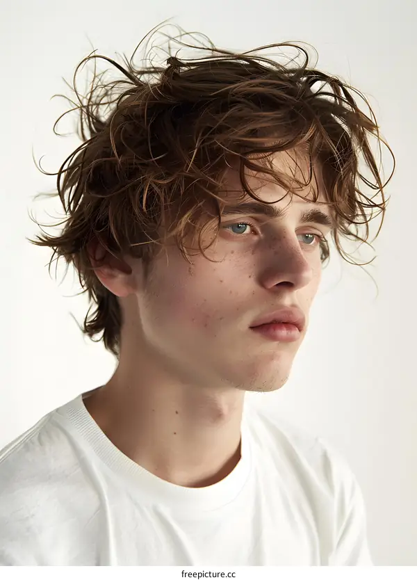 Portrait of a young man with freckles and green eyes