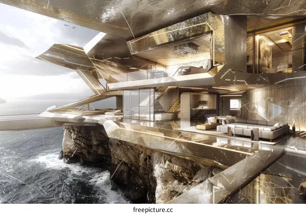 futuristic golden house on a cliff overlooking the ocean