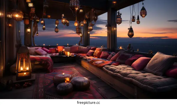 A cozy Moroccan-style terrace with a sunset view