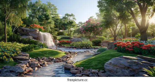 Waterfall in a Verdant Garden
