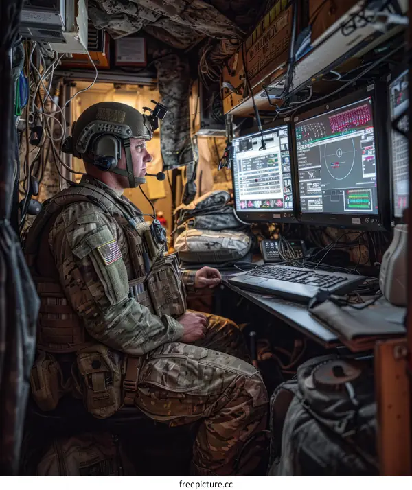Soldier works at a computer station in a tent