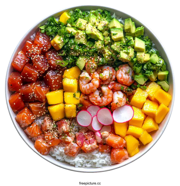 [Transparent Background PNG]Delicious Hawaiian Poke Bowl with Salmon Shrimp Mango