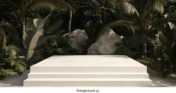 White Platform Steps Surrounded by Tropical Plants