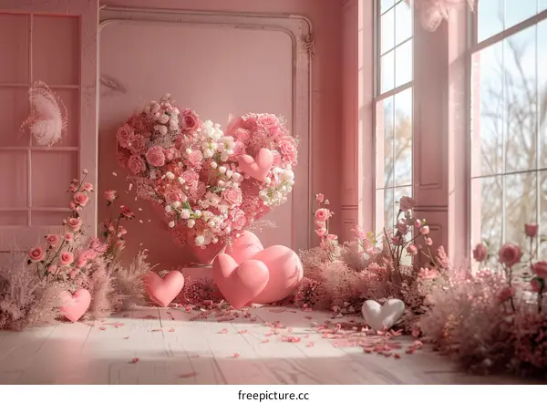 Pink roses and hearts in a pink room