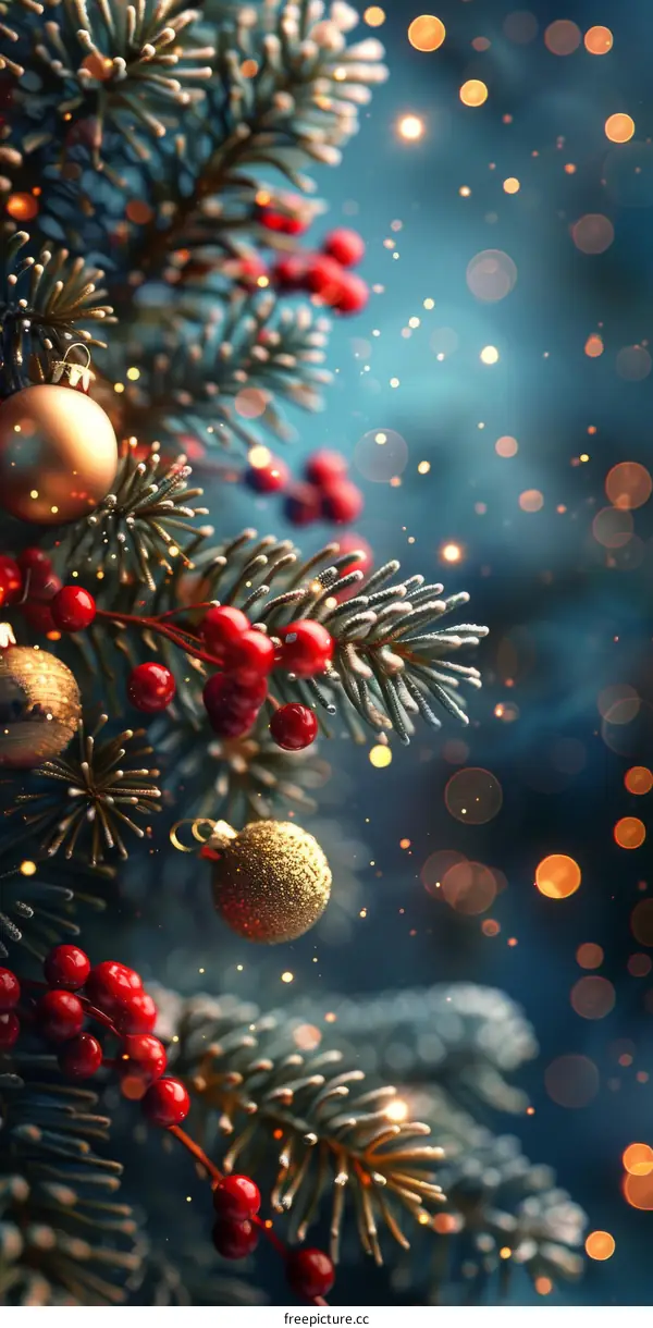 Christmas Tree with Golden Baubles and Red Berries